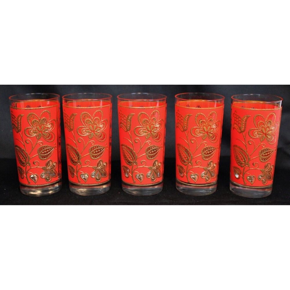 Vtg 1970s 5 Libbey Gold Red Tapestry Highball Glass Leaf Floral Tumblers